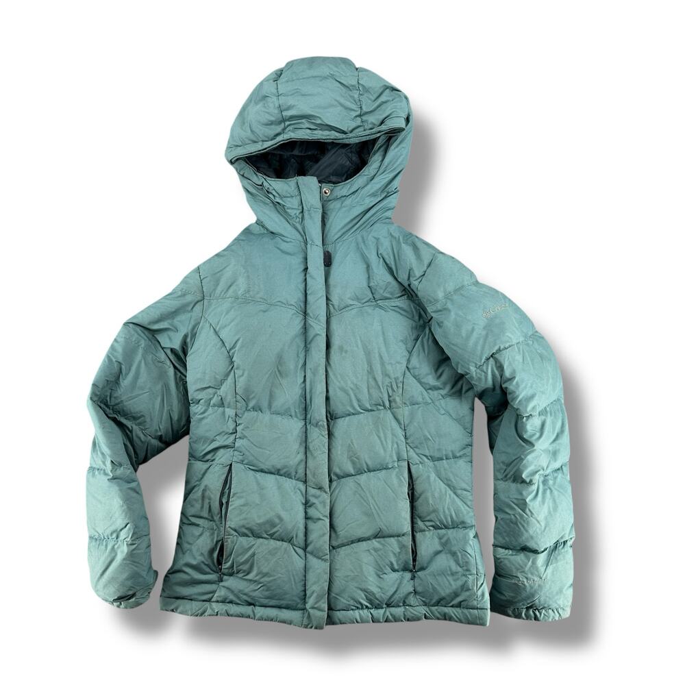 Vintage 80s 90s era Columbia Puffer Jacket Hooded Full Zip Warm Teal Blue Small - Picture 1 of 7